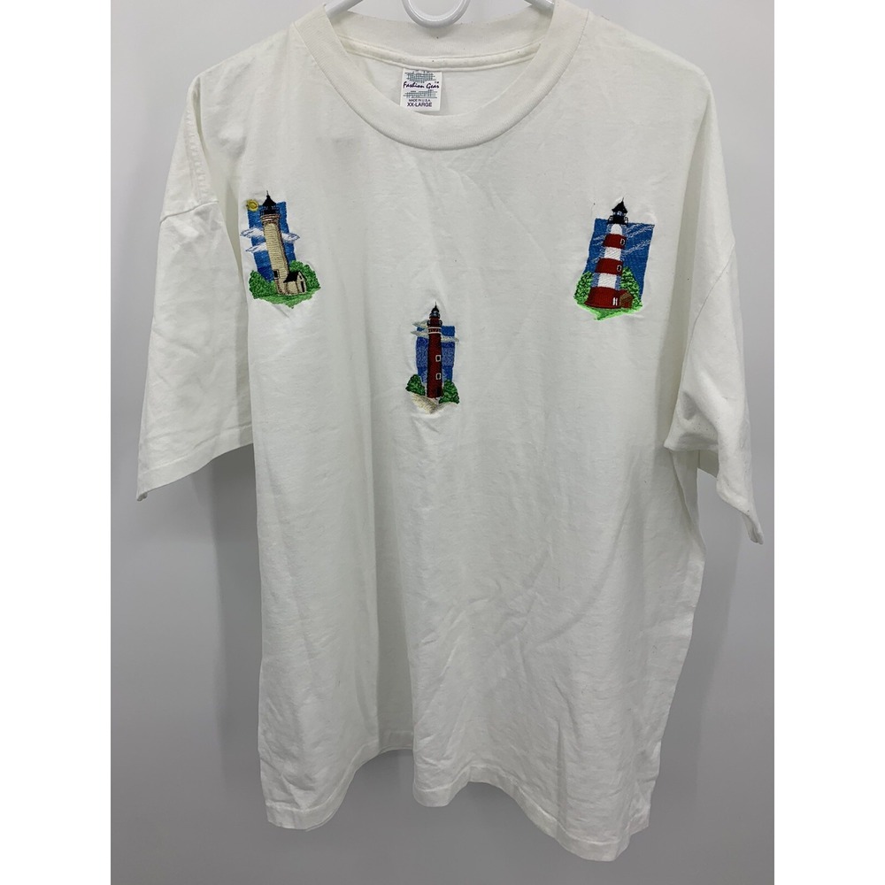 Vintage Embroidered Lighthouses T-Shirt Single Stitch Size XXL Grannycore